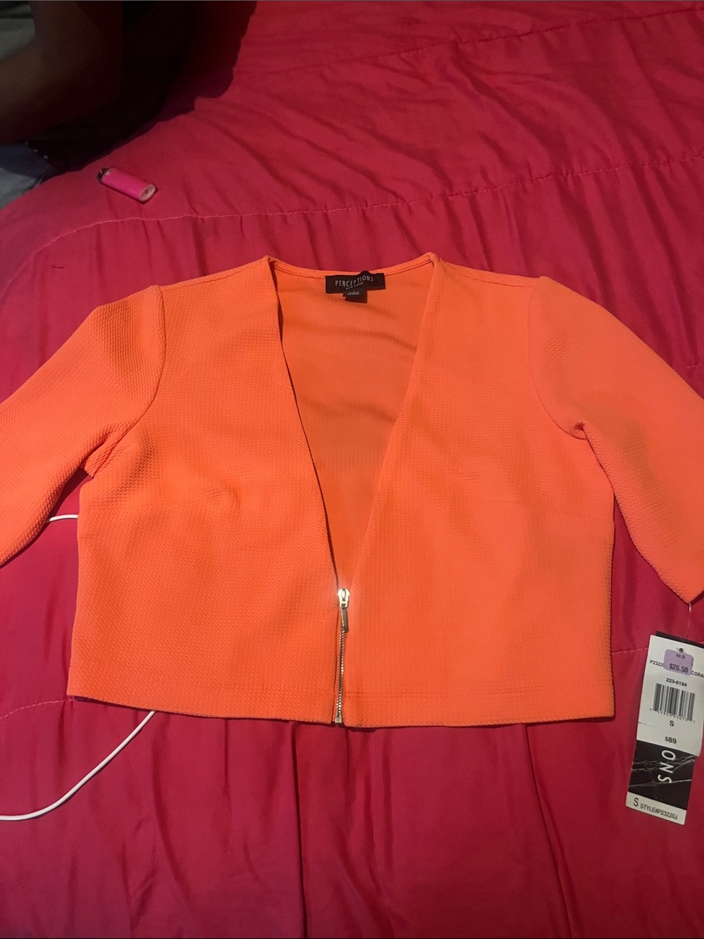 Perceptions Bright Orange Cropped Open-Front Blazer with Gold Zip